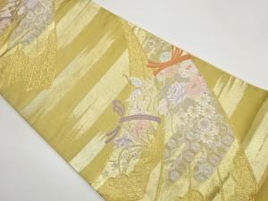 扇子に花々・蝶・古典柄模様織出し袋帯